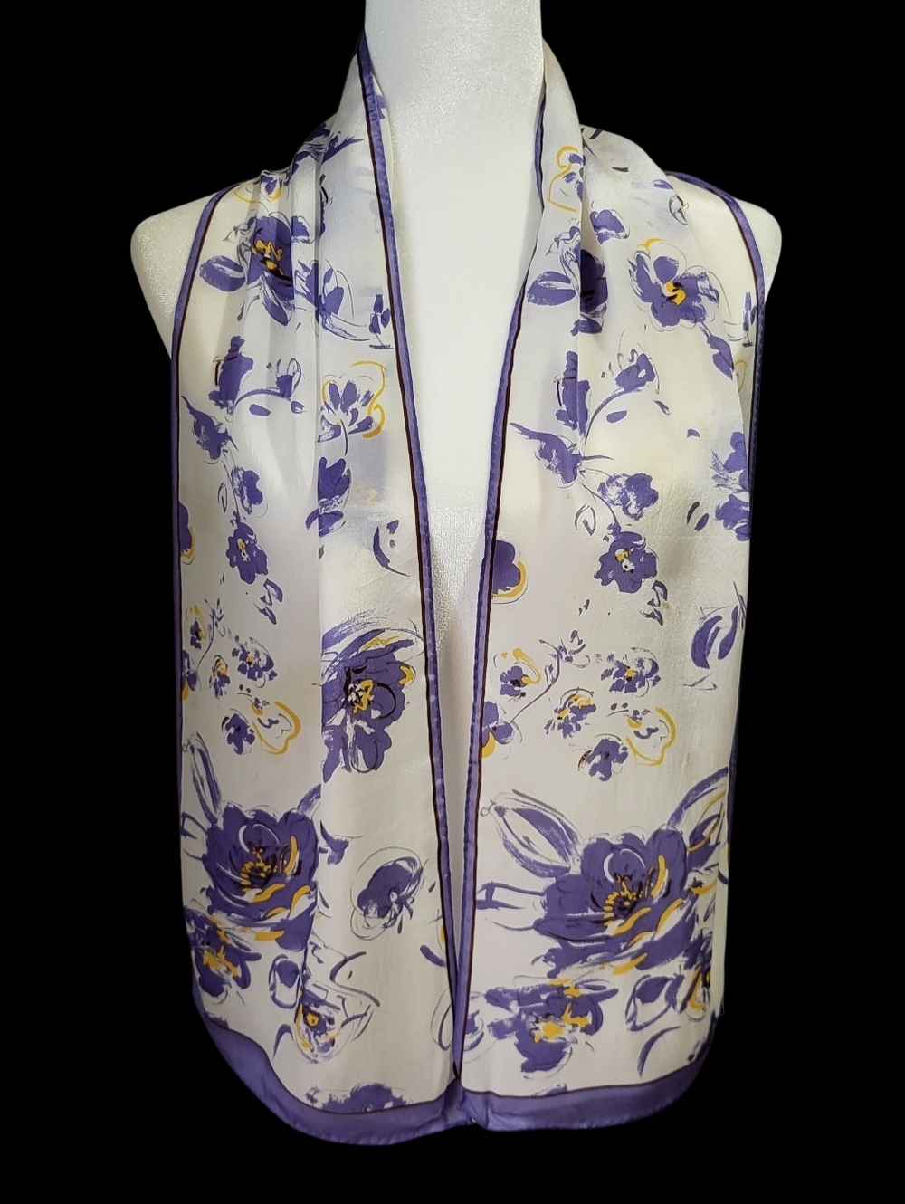Vtg The Specialty House Scarf Purple White Floral 100% Silk Japan 10"W x 57"L